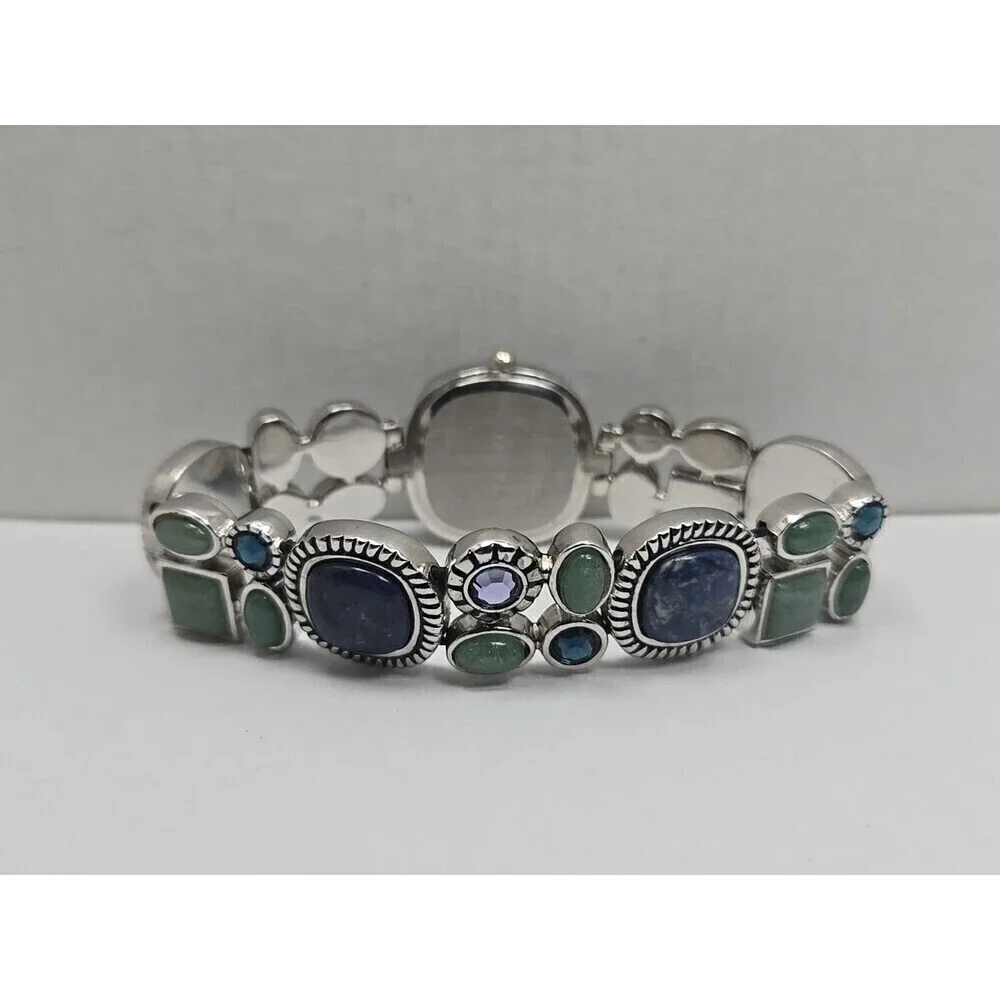 Novelle Gemstone Bracelet Watch Aventurine Blue Cabochon Silver Tone New Battery